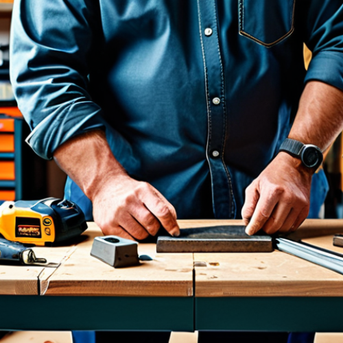 A focused professional craftsperson, fully clothed in modest, durable work attire including a long-sleeved shirt and trousers, meticulously working in a well-lit, organized workshop. Various professional tools are visible on a sturdy workbench, including both cordless and corded power tools, emphasizing ergonomic design and thoughtful use. The craftsperson demonstrates perfect anatomy, correct proportions, and a natural pose, exhibiting well-formed hands with proper finger count. The setting is clean and appropriate content, safe for work, professional photography, high quality, realistic, natural lighting.