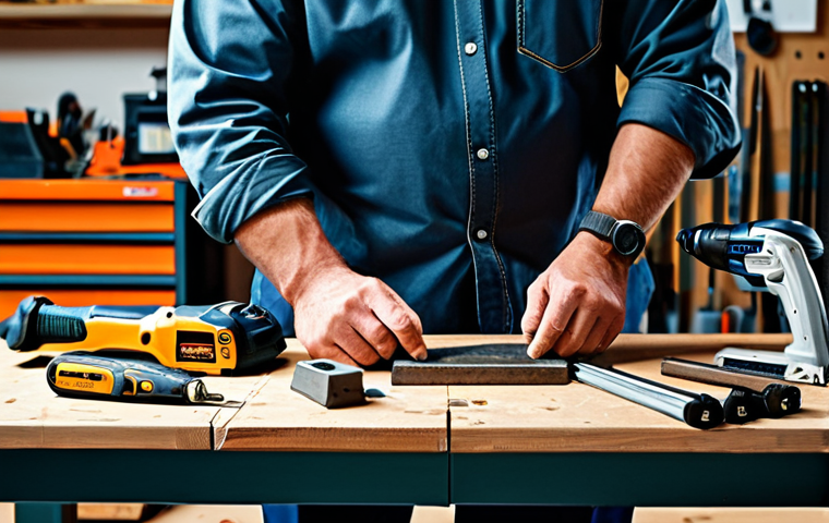 A focused professional craftsperson, fully clothed in modest, durable work attire including a long-sleeved shirt and trousers, meticulously working in a well-lit, organized workshop. Various professional tools are visible on a sturdy workbench, including both cordless and corded power tools, emphasizing ergonomic design and thoughtful use. The craftsperson demonstrates perfect anatomy, correct proportions, and a natural pose, exhibiting well-formed hands with proper finger count. The setting is clean and appropriate content, safe for work, professional photography, high quality, realistic, natural lighting.